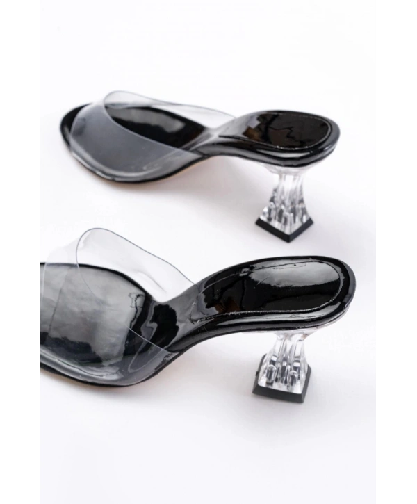 S-619 Siyah Rugan Şeffaf Bantlı Şeffaf Topuklu Yuvarlak Burunlu Kadın Terlik