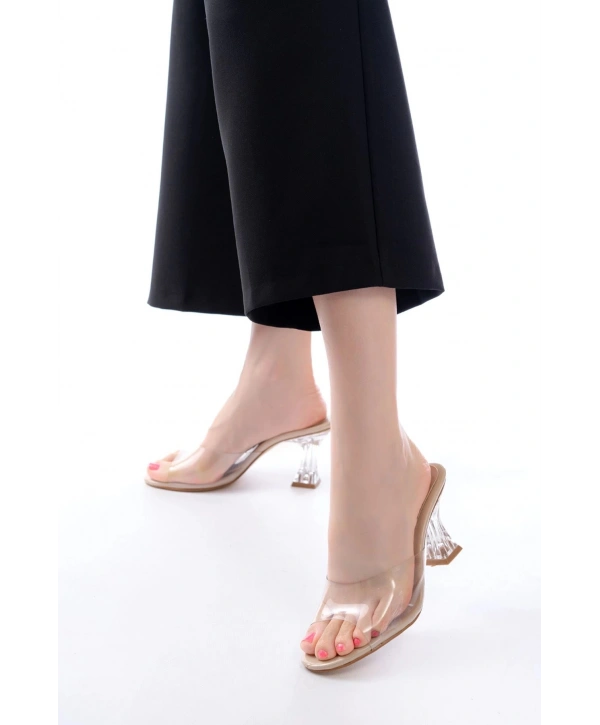 S-619 Bej Rugan Şeffaf Bantlı Şeffaf Topuklu Yuvarlak Burunlu Kadın Terlik