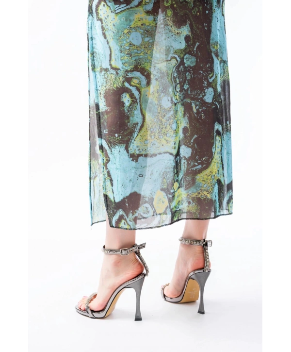 A-30 Platin Taş Aksesuarlı Platformlu Topuklu Kadın Terlik