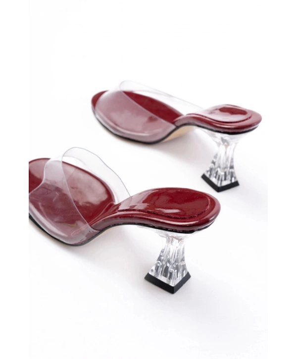 S-619 Bordo Rugan Şeffaf Bantlı Şeffaf Topuklu Yuvarlak Burunlu Kadın Terlik