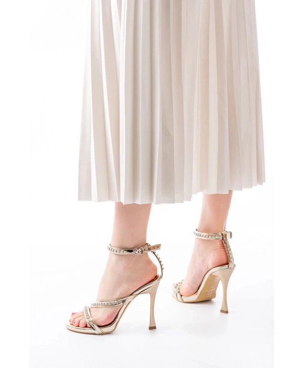 A-20 Gold Taşlı Vivet Platformlu Topuklu Kadın Ayakkabı