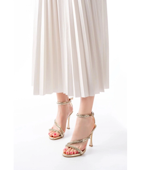 A-20 Gold Taşlı Vivet Platformlu Topuklu Kadın Ayakkabı