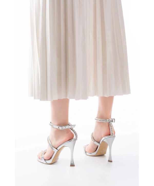 A-40 Gümüş Taşlı Platformlu Topuklu Kadın Ayakkabı