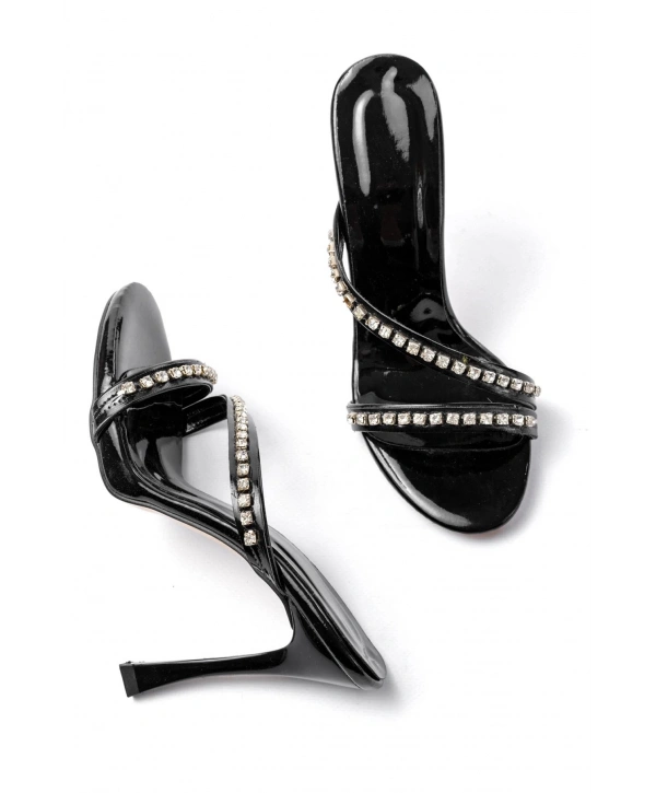 A-60 Kadın Siyah Gümüş Taşlı Platformlu Topuklu Terlik