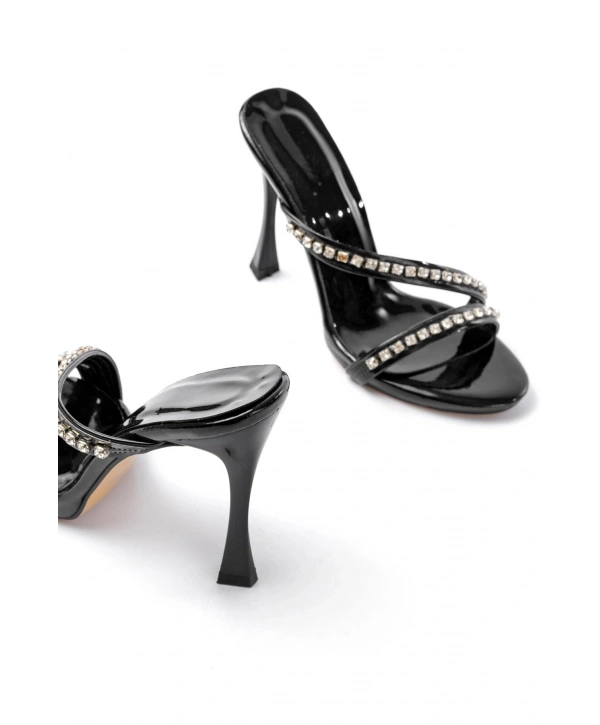 A-60 Kadın Siyah Gümüş Taşlı Platformlu Topuklu Terlik