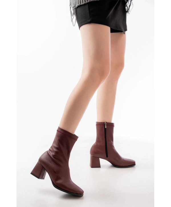 MSK-033 Bordo Topuklu Fermuarlı Kadın Bot