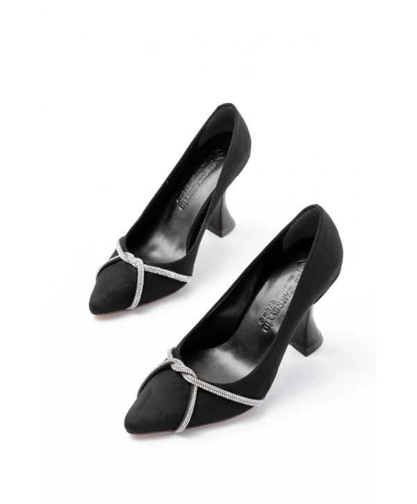 K-10 Siyah Süet Günlük Sarmal Taşlı Topuklu Kadın Ayakkabı