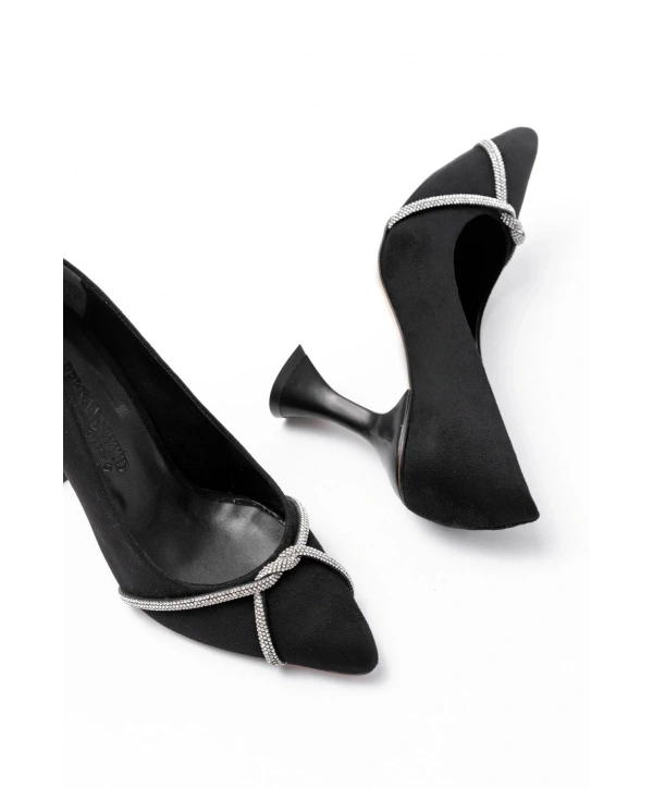 K-10 Siyah Süet Günlük Sarmal Taşlı Topuklu Kadın Ayakkabı