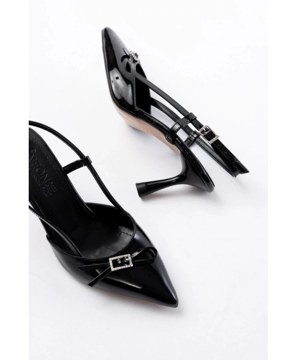 İNF-2300 Siyah Rugan Günlük Arkası Açık Fiyonklu Topuklu Bayan Ayakkabı