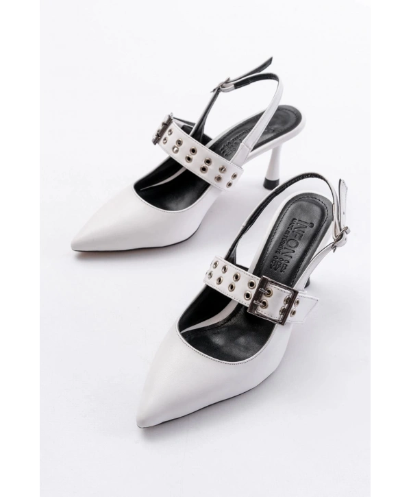 İNF-260 Beyaz Günlük Arkası Açık Baret Tokalı Topuklu Bayan Ayakkabı