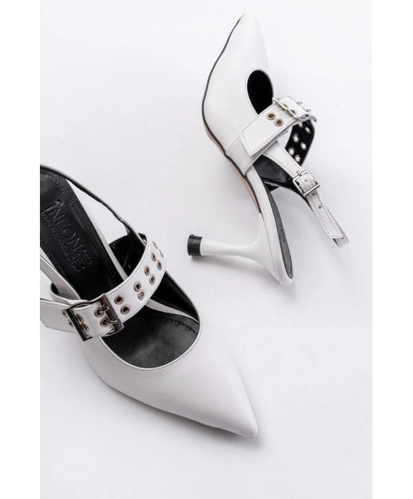 İNF-260 Beyaz Günlük Arkası Açık Baret Tokalı Topuklu Bayan Ayakkabı