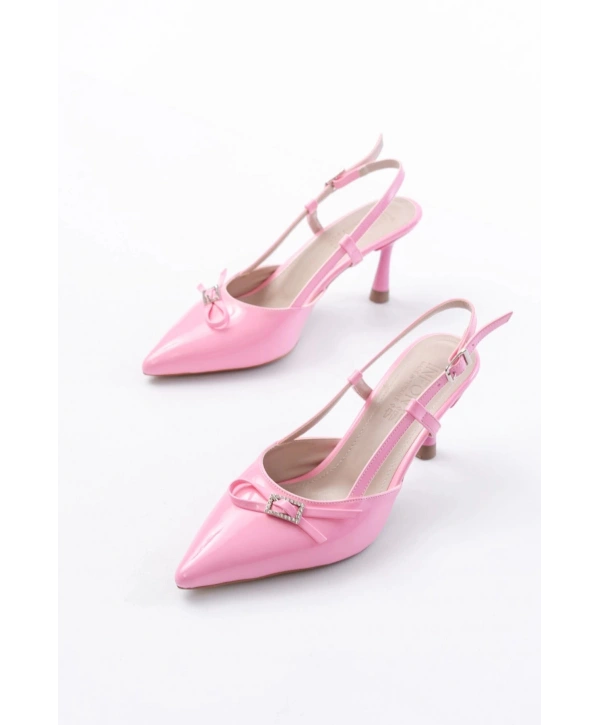 İNF-2300 Pembe Rugan Günlük Arkası Açık Fiyonklu Topuklu Bayan Ayakkabı