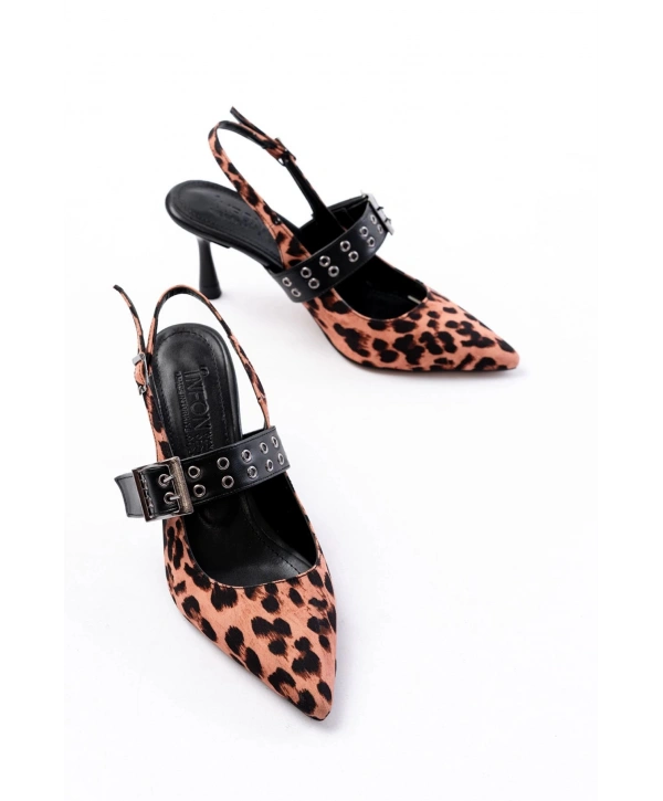 İNF-260 Siyah Leopar Günlük Arkası Açık Baret Tokalı Topuklu Bayan Ayakkabı
