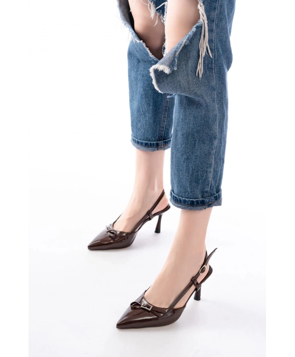 İNF-2300 Kahve Rugan Günlük Arkası Açık Fiyonklu Topuklu Bayan Ayakkabı