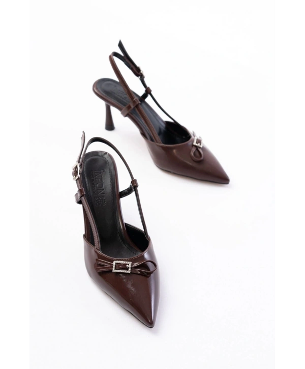 İNF-2300 Kahve Rugan Günlük Arkası Açık Fiyonklu Topuklu Bayan Ayakkabı