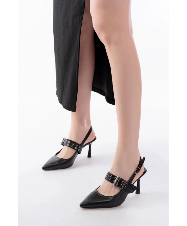 İNF-260 Siyah Günlük Arkası Açık Baret Tokalı Topuklu Bayan Ayakkabı