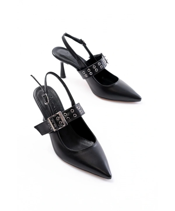 İNF-260 Siyah Günlük Arkası Açık Baret Tokalı Topuklu Bayan Ayakkabı