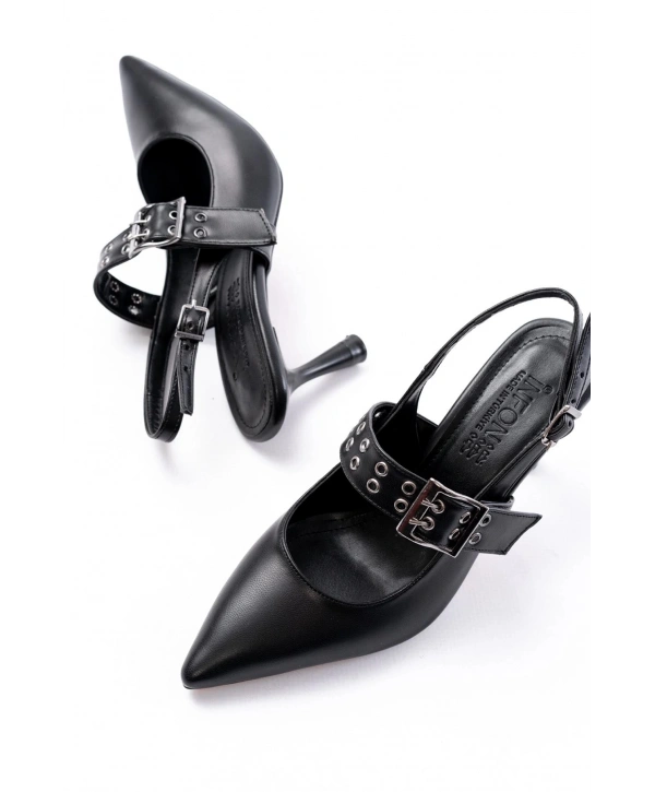 İNF-260 Siyah Günlük Arkası Açık Baret Tokalı Topuklu Bayan Ayakkabı