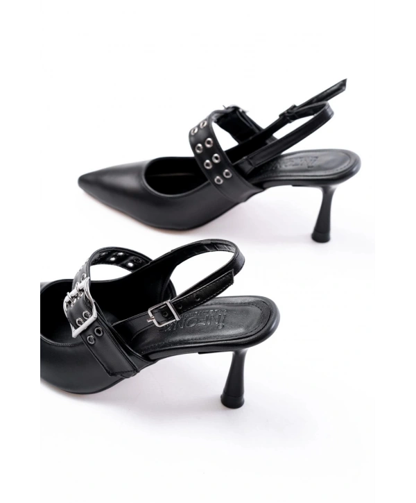 İNF-260 Siyah Günlük Arkası Açık Baret Tokalı Topuklu Bayan Ayakkabı