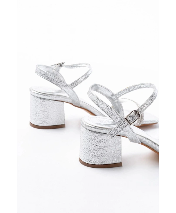 S-890 Gümüş Çift Bantlı Taşlı Kalın Topuklu Kadın Ayakkabı