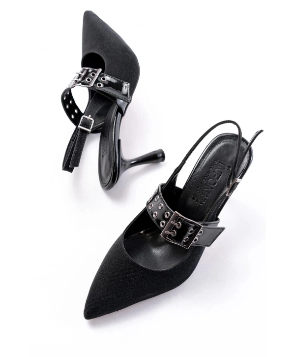 İNF-260 Siyah Simli Günlük Arkası Açık Baret Tokalı Topuklu Bayan Ayakkabı