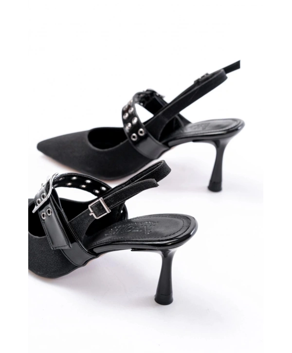 İNF-260 Siyah Simli Günlük Arkası Açık Baret Tokalı Topuklu Bayan Ayakkabı