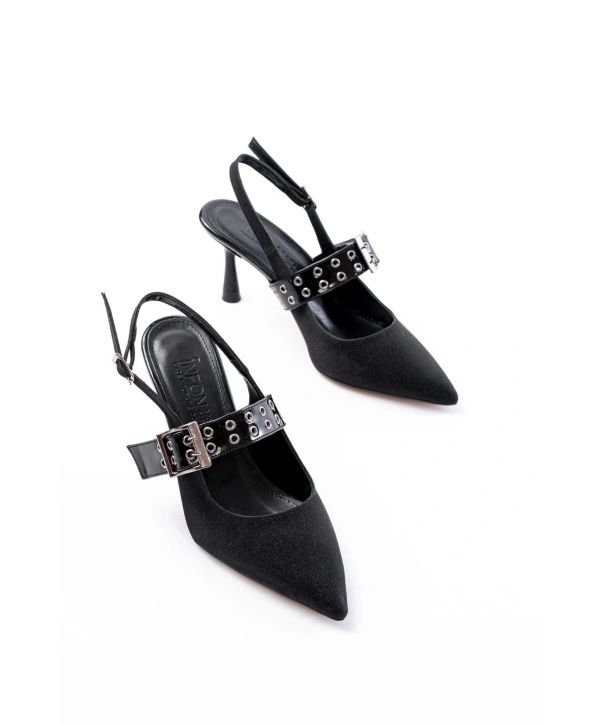 İNF-260 Siyah Simli Günlük Arkası Açık Baret Tokalı Topuklu Bayan Ayakkabı