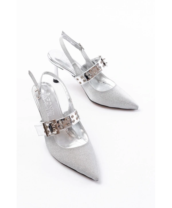 İNF-260 Gümüş Simli Günlük Arkası Açık Baret Tokalı Topuklu Bayan Ayakkabı