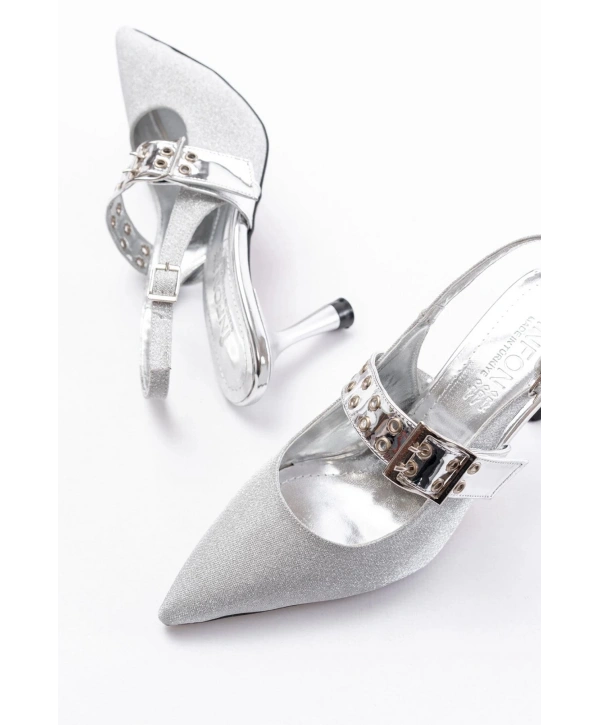 İNF-260 Gümüş Simli Günlük Arkası Açık Baret Tokalı Topuklu Bayan Ayakkabı
