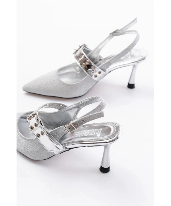 İNF-260 Gümüş Simli Günlük Arkası Açık Baret Tokalı Topuklu Bayan Ayakkabı