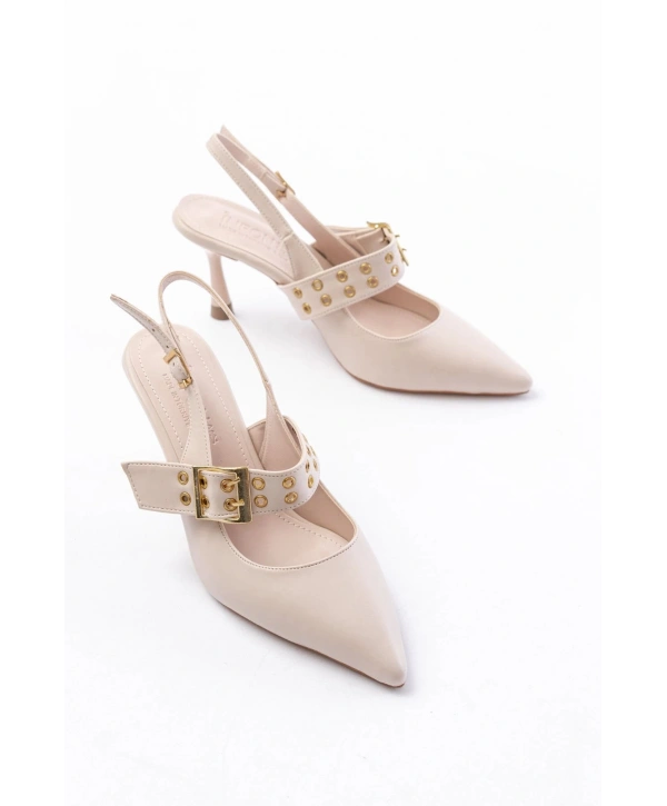 İNF-260 Bej Günlük Arkası Açık Baret Tokalı Topuklu Bayan Ayakkabı