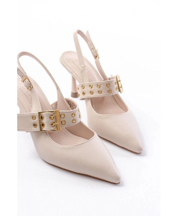 İNF-260 Bej Günlük Arkası Açık Baret Tokalı Topuklu Bayan Ayakkabı