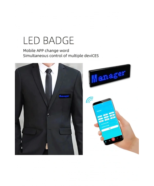 Matrix Kayan Led Yaka Rozeti Mobil Kontrollü Dijital Etiket 9×3cm