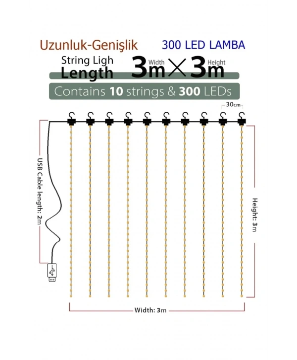 8 Fonksiyonlu Peri Perde Led Uzaktan Kumandalı Günışığı Perde Peri Led (3 Mt X 3 Mt)