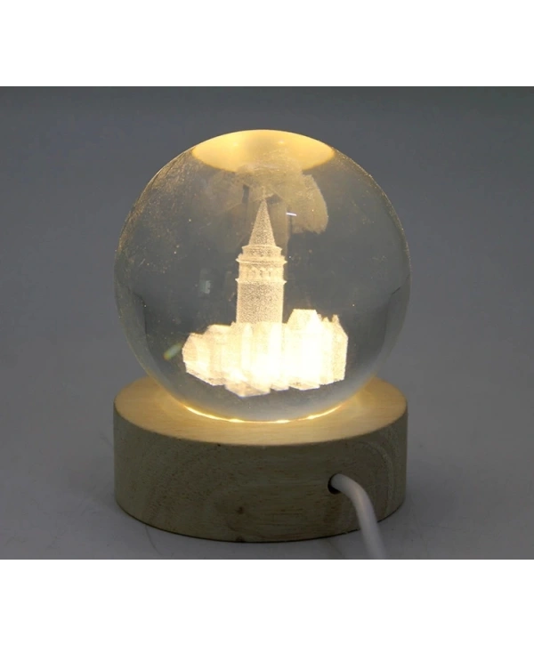 3d Kristal Cam Küre Ahşap Soketli İstanbul Temalı Led Lamba Aalk2575
