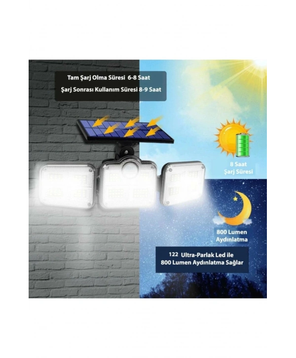 Kumandalı Solar Güneş Enerjili 122 Ledli Hareket Sensörlü Bahçe Aydınlatma Sokak Lambası