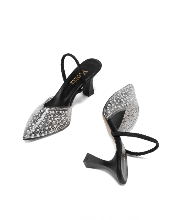 V-1005 Siyah Günlük Arkası Açık Taşlı Topuklu Bayan Ayakkabı