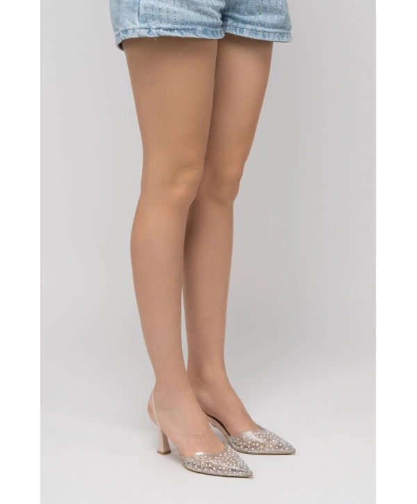 V-1005 Bej Günlük Arkası Açık Taşlı Topuklu Bayan Ayakkabı