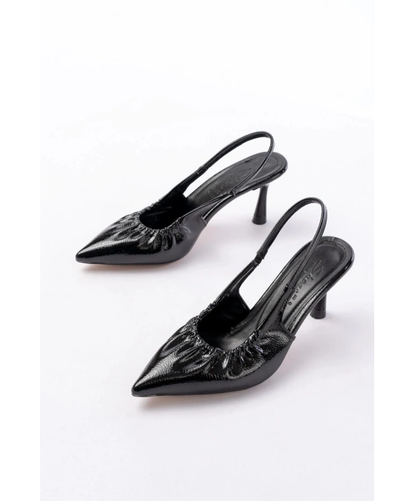 İNF-40451 Siyah Kırışık Rugan Günlük Arkası Açık Topuklu Bayan Ayakkabı