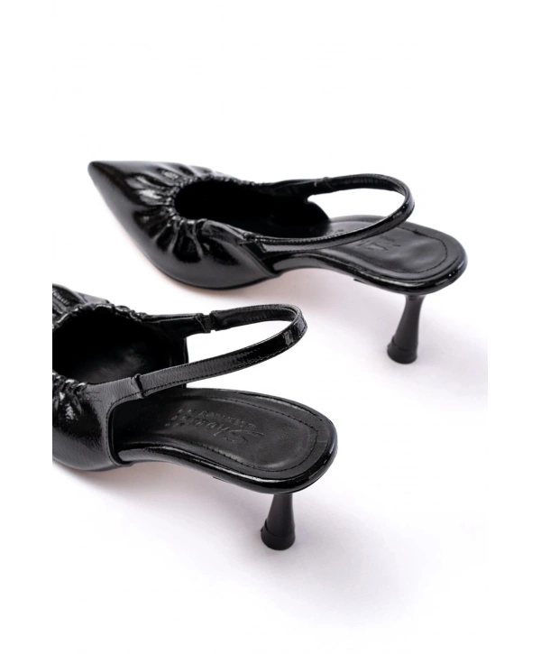 İNF-40451 Siyah Kırışık Rugan Günlük Arkası Açık Topuklu Bayan Ayakkabı