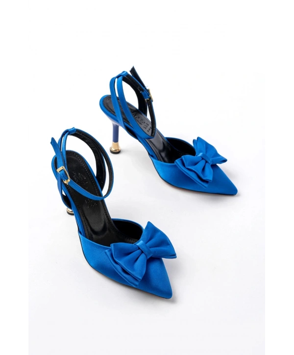 İNF-4505 Mavi Saten Günlük Arkası Açık Kurdele detaylı Topuklu Bayan Ayakkabı