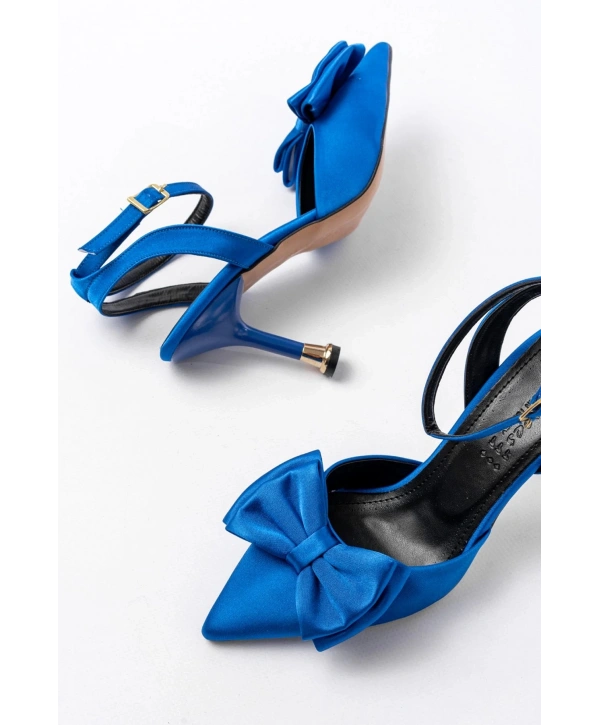 İNF-4505 Mavi Saten Günlük Arkası Açık Kurdele detaylı Topuklu Bayan Ayakkabı