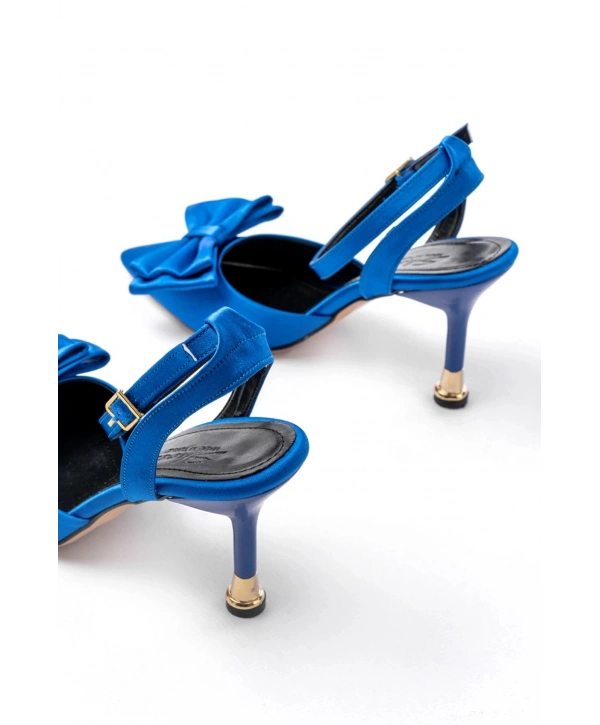 İNF-4505 Mavi Saten Günlük Arkası Açık Kurdele detaylı Topuklu Bayan Ayakkabı