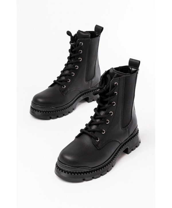 2051-298 Siyah Luna Düz Topuklu Bağcıklı Lastikli Günlük Kadın Bot