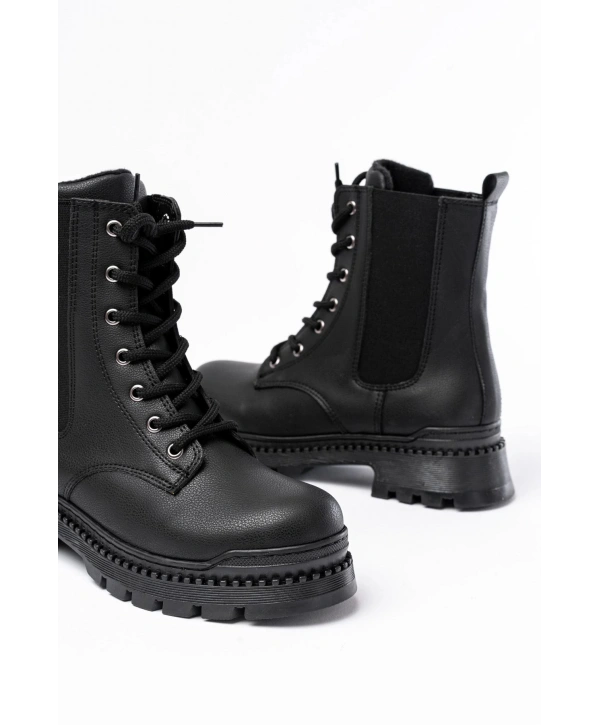 2051-298 Siyah Luna Düz Topuklu Bağcıklı Lastikli Günlük Kadın Bot