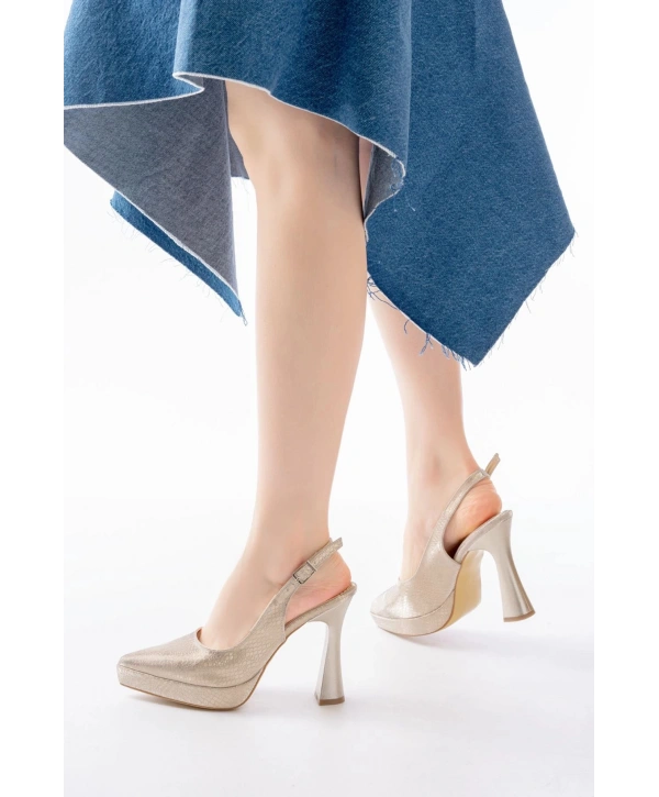 B-2101 Gold Günlük Arkası Açık Yılan Desenli Topuklu Bayan Ayakkabı