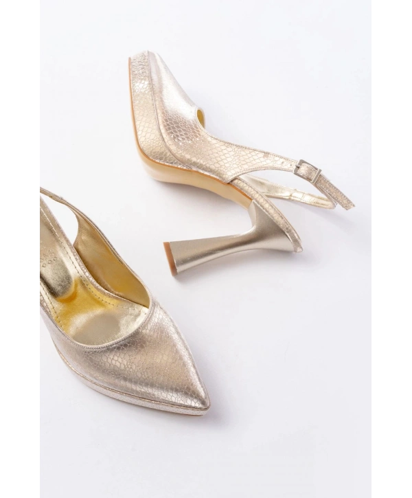 B-2101 Gold Günlük Arkası Açık Yılan Desenli Topuklu Bayan Ayakkabı