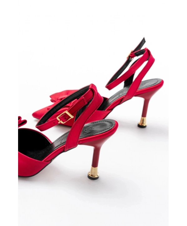 İNF-4505 Bordo Saten Günlük Arkası Açık Kurdele detaylı Topuklu Bayan Ayakkabı