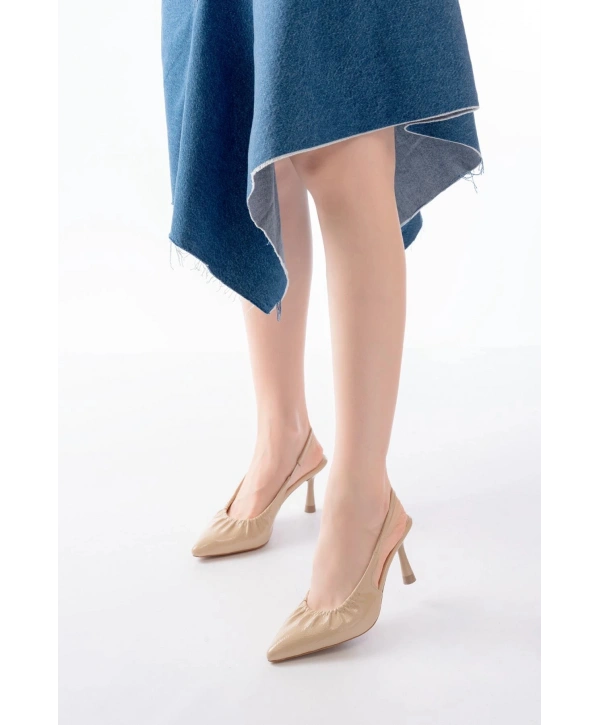 İNF-40451 Bej Kırışık Rugan Günlük Arkası Açık Topuklu Bayan Ayakkabı
