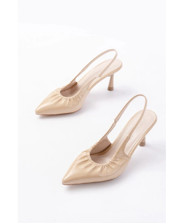 İNF-40451 Bej Kırışık Rugan Günlük Arkası Açık Topuklu Bayan Ayakkabı